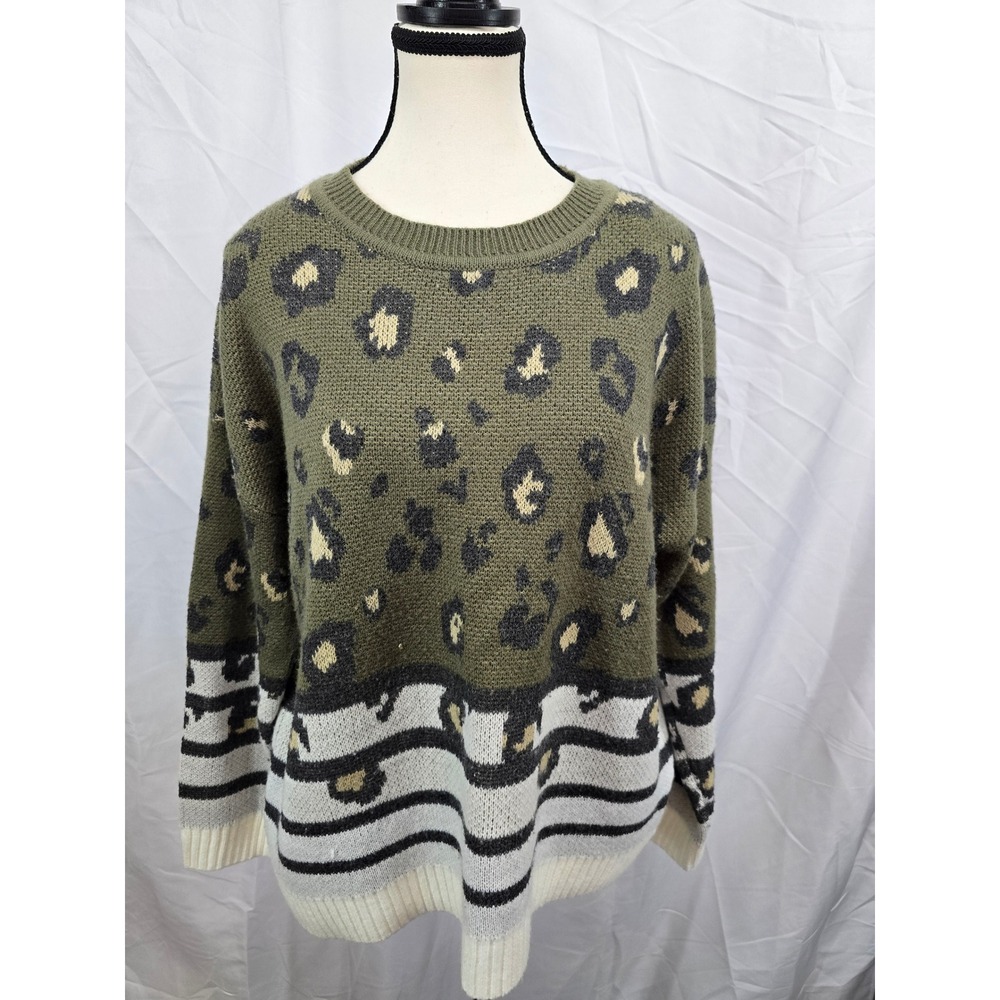 Andree by Unit Womens Olive Green Leopard Striped Knit Crewneck Sweater Medium